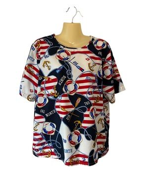 Kathy Lee Short Sleeve Blouse Navy/Red/White Patriotic Nautical Large Vintage